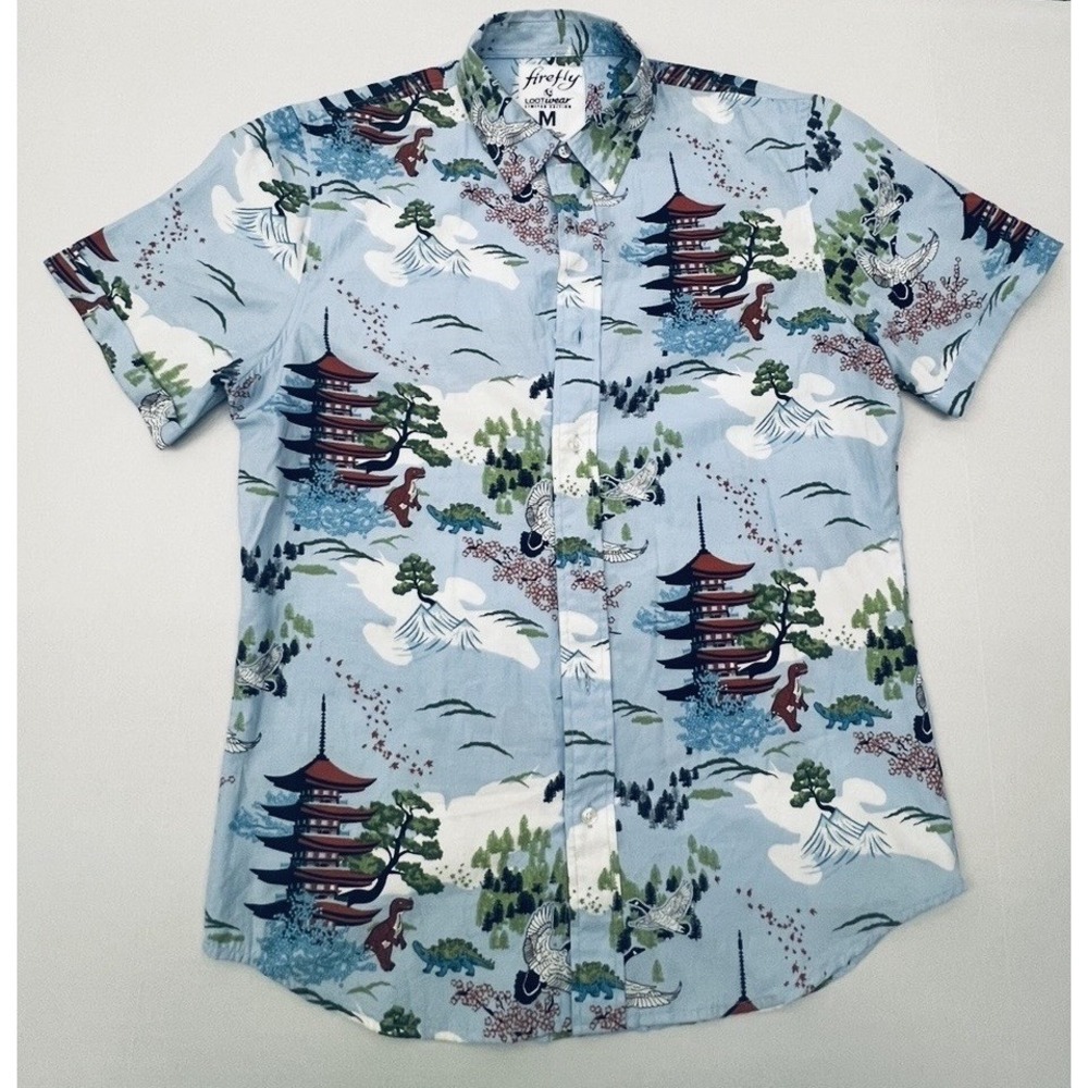 Firefly Lootwear Shirt Mens Medium Japanese Hawaiian Dinosaurs Pagoda Nature - Picture 2 of 11